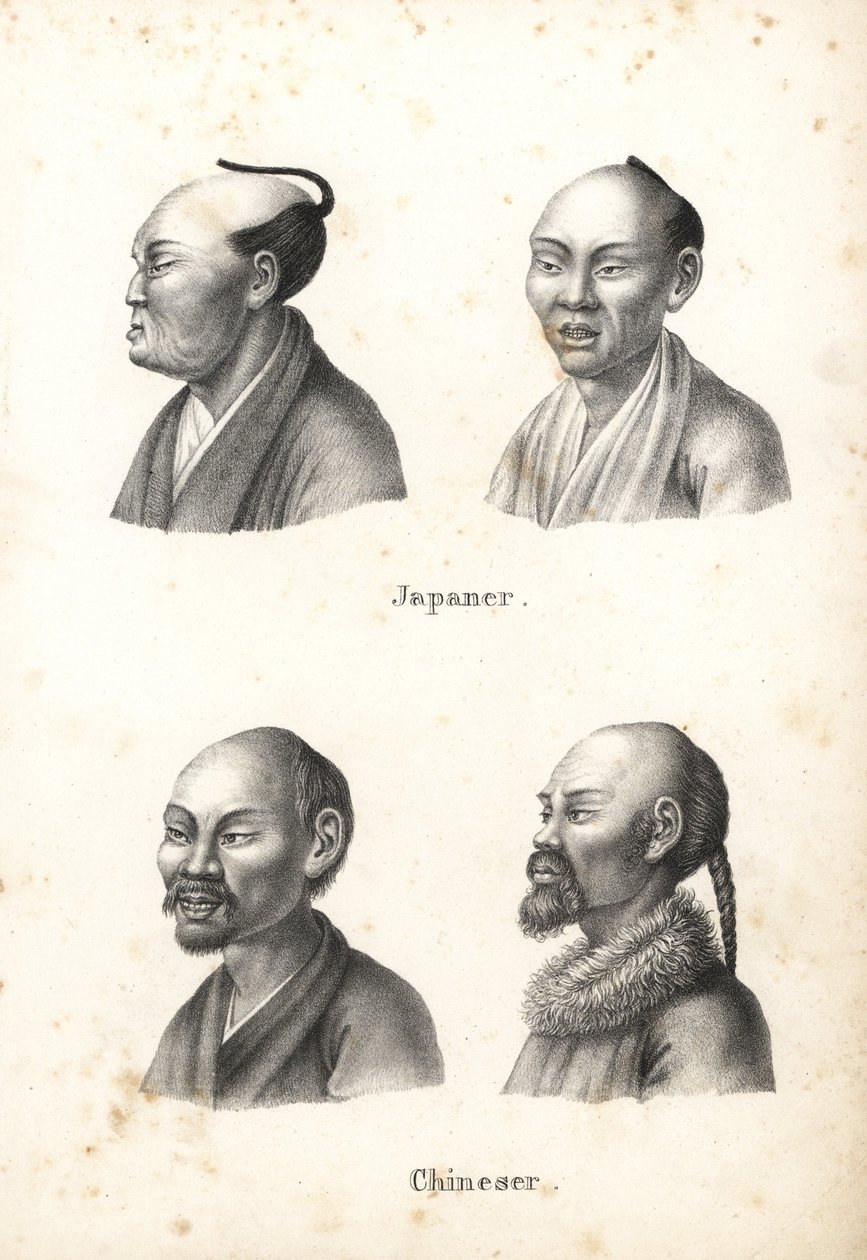 Popiersia Japończyków z fryzurą typu chonmage z czubkiem głowy i Chińczykami z brodami, jeden z warkoczem. Litografia Karla Josepha Brodtmanna z Ilustrowanej historii naturalnej ludzi i zwierząt Heinricha Rudolfa Schinza autorstwa Karl Joseph Brodtmann
