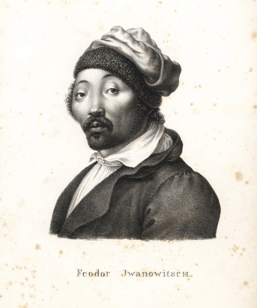 Feodor Jwanowitsch, koczownik kałmucki porwany przez Rosjan, późniejszy malarz i miedziorytnik. Litografia Karla Josepha Brodtmanna z Ilustrowanej historii naturalnej ludzi i zwierząt Heinricha Rudolfa Schinza autorstwa Karl Joseph Brodtmann