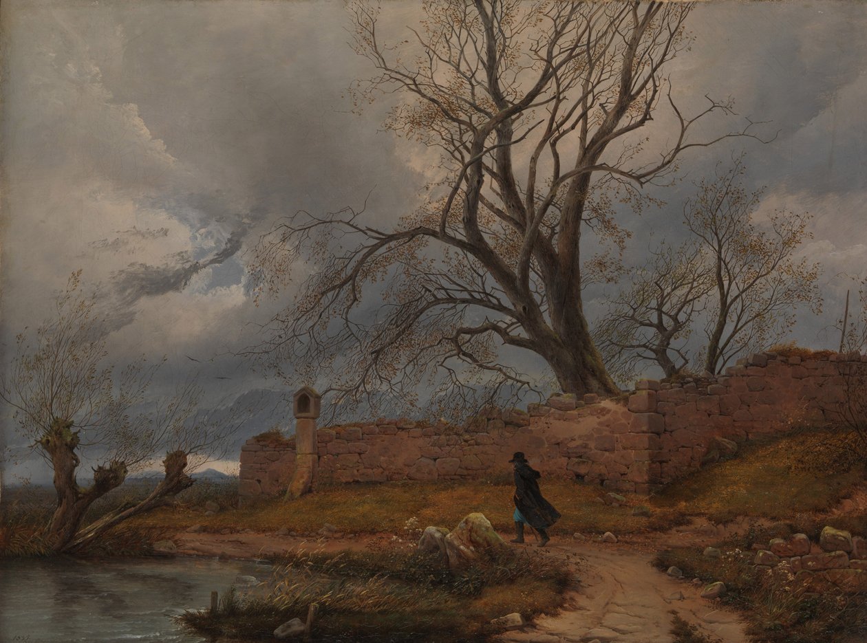 Wędrowiec podczas burzy, 1835 autorstwa Karl Julius Von Leypold