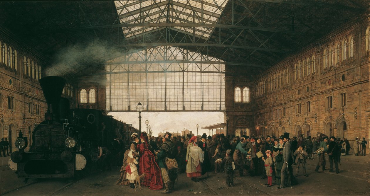 Przyjazd pociągu na dworzec Północno-Zachodni w Wiedniu, 1875 r autorstwa Karl Karger