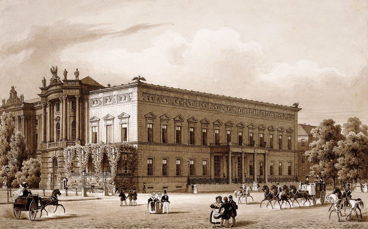 Unter den Linden, Berlin. Pałac Księcia Wilhelma wybudowany przez Karla Langhansa w latach 1834-36 oraz Biblioteka Królewska wybudowana przez Georga Christiana Ungera w latach 1775-78 według planów Josefa Emanuela Fischera von Erlach z widokiem na Platz am autorstwa Karl Loeillot Hartwig