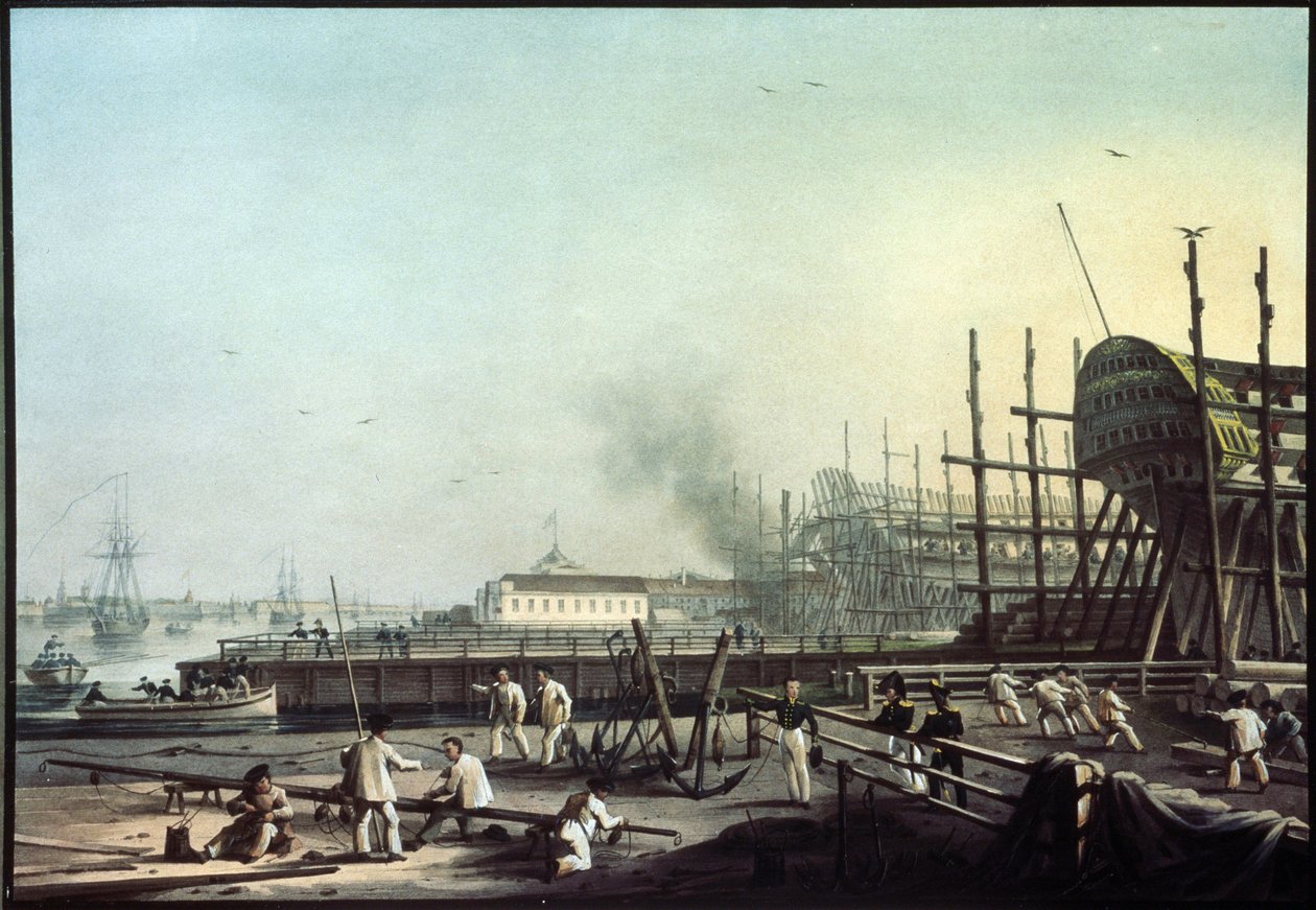 Stocznia Admiralicji w Sankt Petersburgu (Sankt-Petersburg). (Stocznia Marynarki Wojennej Admiralicji w Sankt Petersburgu). Obraz Karla Pietrowicza Beggrova (1799-1875). Olej na płótnie, XIX-wieczna sztuka rosyjska. Państwowe Muzeum Rosyjskie w Sankt Peter autorstwa Karl Pavlovich Beggrov