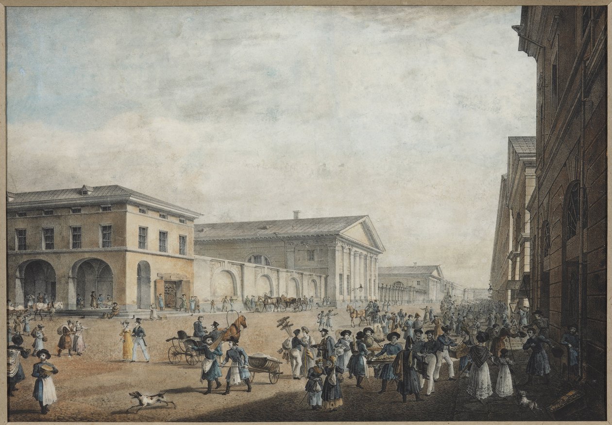 Widok ulicy Sadovaya w Sankt Petersburgu - Karl Pietrowicz Beggrov (1799-1875). litografia, akwarela autorstwa Karl Pavlovich Beggrov