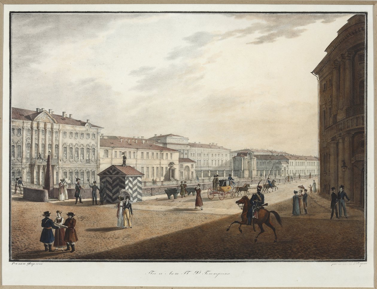 Widok na nabrzeże Moika w pobliżu mostu policyjnego - Karl Pietrowicz Beggrov (1799-1875). litografia, akwarela autorstwa Karl Pavlovich Beggrov