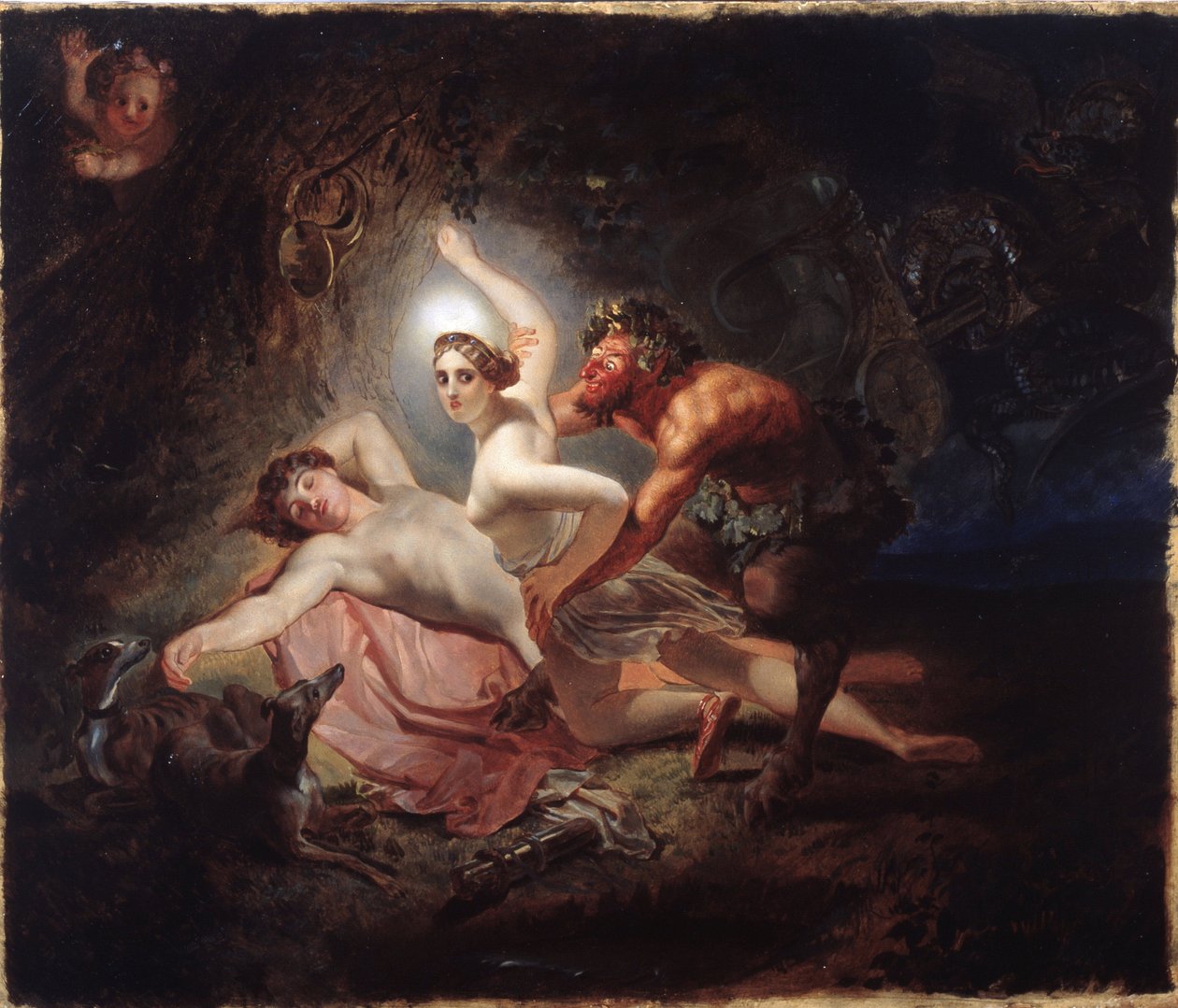 Diana, Endymion i Satyr (Diana, Endymion i Satyr) - Obraz Karla Pavlovicha Briullova (Briullov) (1799-1852), olej na tekturze autorstwa Karl Pavlovich Bryullov