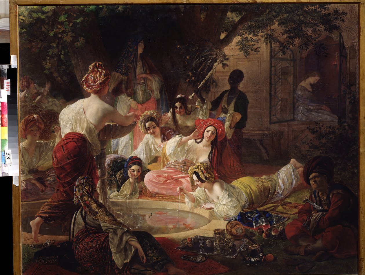 Fontanna Bahcesaray (Turcja) (Fontanna Bahcesaray). Kobiety w haremie bawiące się wodą z fontanny w stawie ze złotą rybką Obraz Karla Pavlovicha Briullova (Briullova) (1799-1852). olej na płótnie autorstwa Karl Pavlovich Bryullov