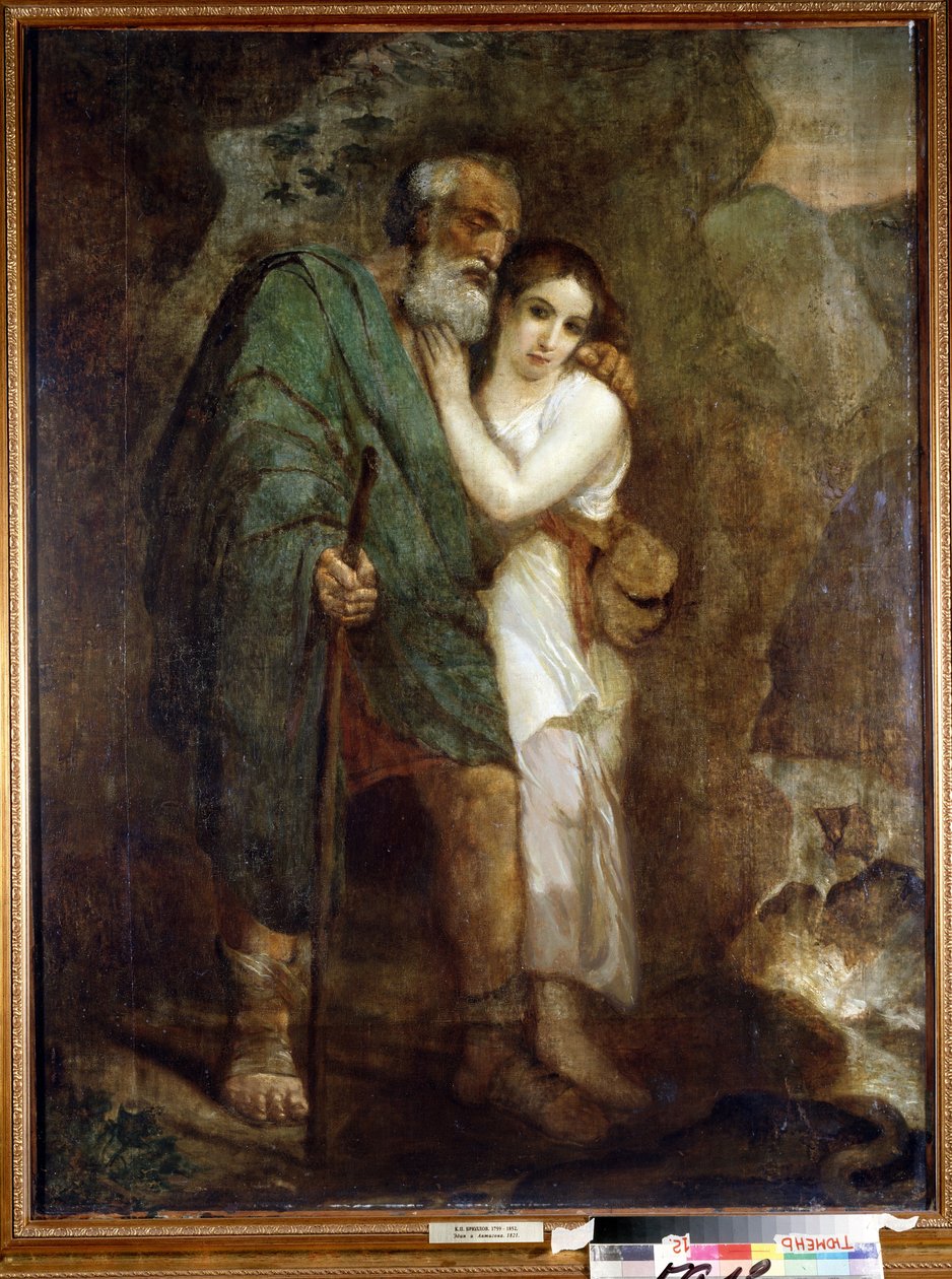 ""Edyp i Antygona"" Młoda dziewczyna pomaga chodzić swojemu staremu, niewidomemu ojcu. Obraz Karla Pavlovicha Briullova (Bryullov) (1799-1852) 1821 Państwowe Muzeum Sztuki, Tiumeń autorstwa Karl Pavlovich Bryullov