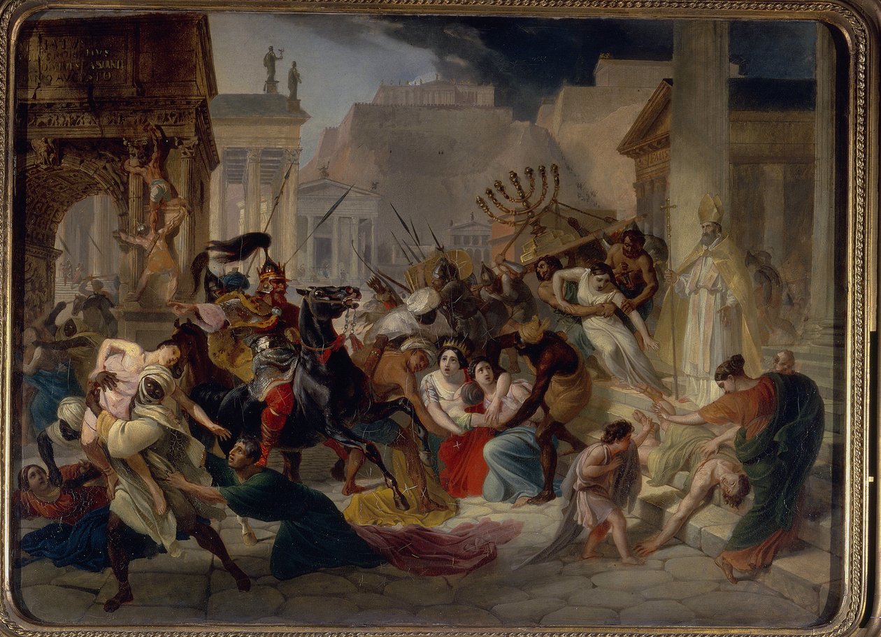 Sack of Rome w 455: Genseric (lub Geiseric) (około 399-477) i Wandalowie najeżdżają Rzym (Gejzeryk Kulawy najeżdża Rzym). Plądrują miasto i zabierają Menorę. (Menorah) Obraz Karla Pavlovicha Briullova (Bryullov) (1799-1852) autorstwa Karl Pavlovich Bryullov