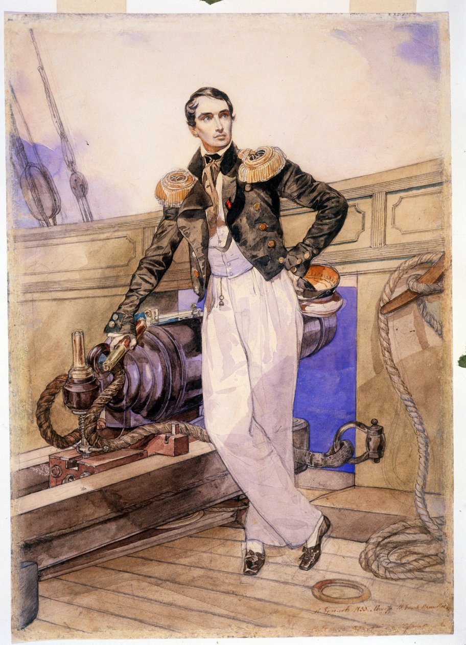 Władimir Aleksiejewicz Korniłow 1806-1854) na pokładzie brygu Temistokle. (Władimir Aleksiejewicz Korniłow na pokładzie brygu Temistokles). Stoi oficer marynarki wojennej i szef sztabu Floty Czarnomorskiej, bohater wojny krymskiej (1853-1856) autorstwa Karl Pavlovich Bryullov