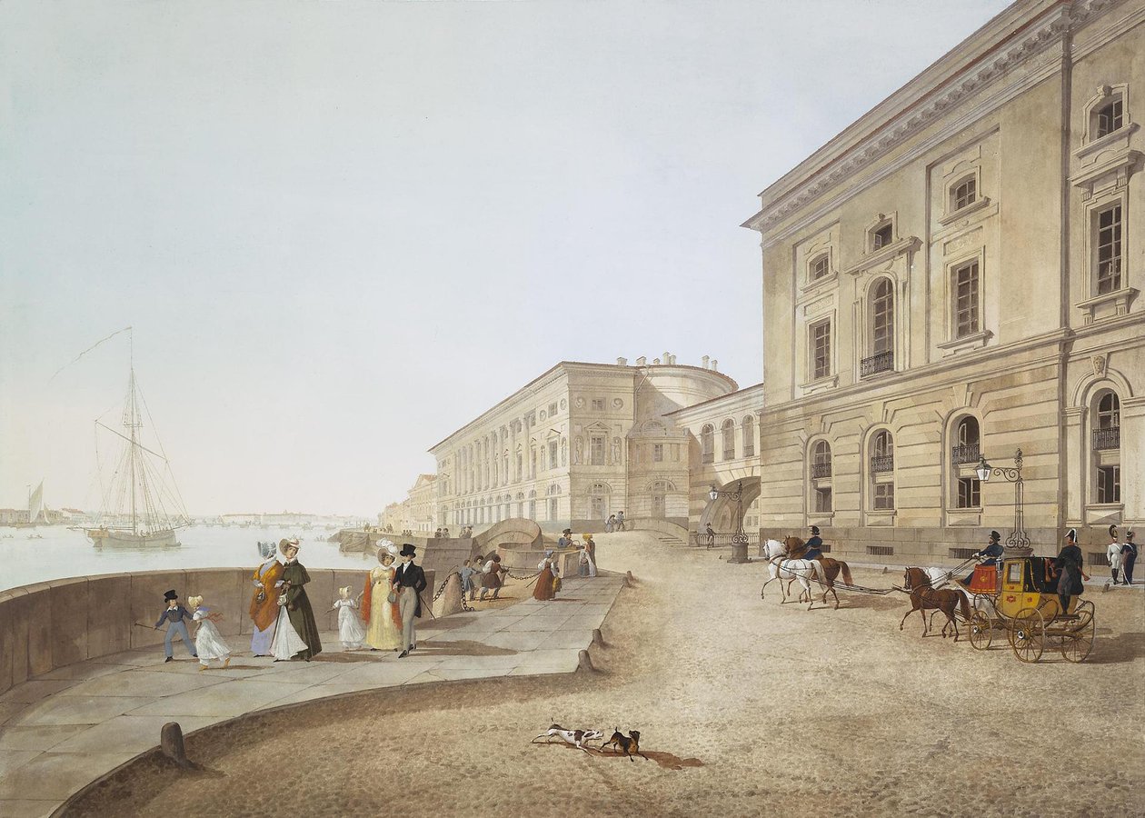 Widok na nabrzeże Newy przy starym budynku Ermitażu, 1824 autorstwa Karl Petrovich Beggrov