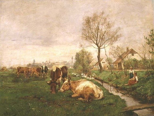 Krajobraz z krowami i strumieniem autorstwa Karl Stuhlmuller