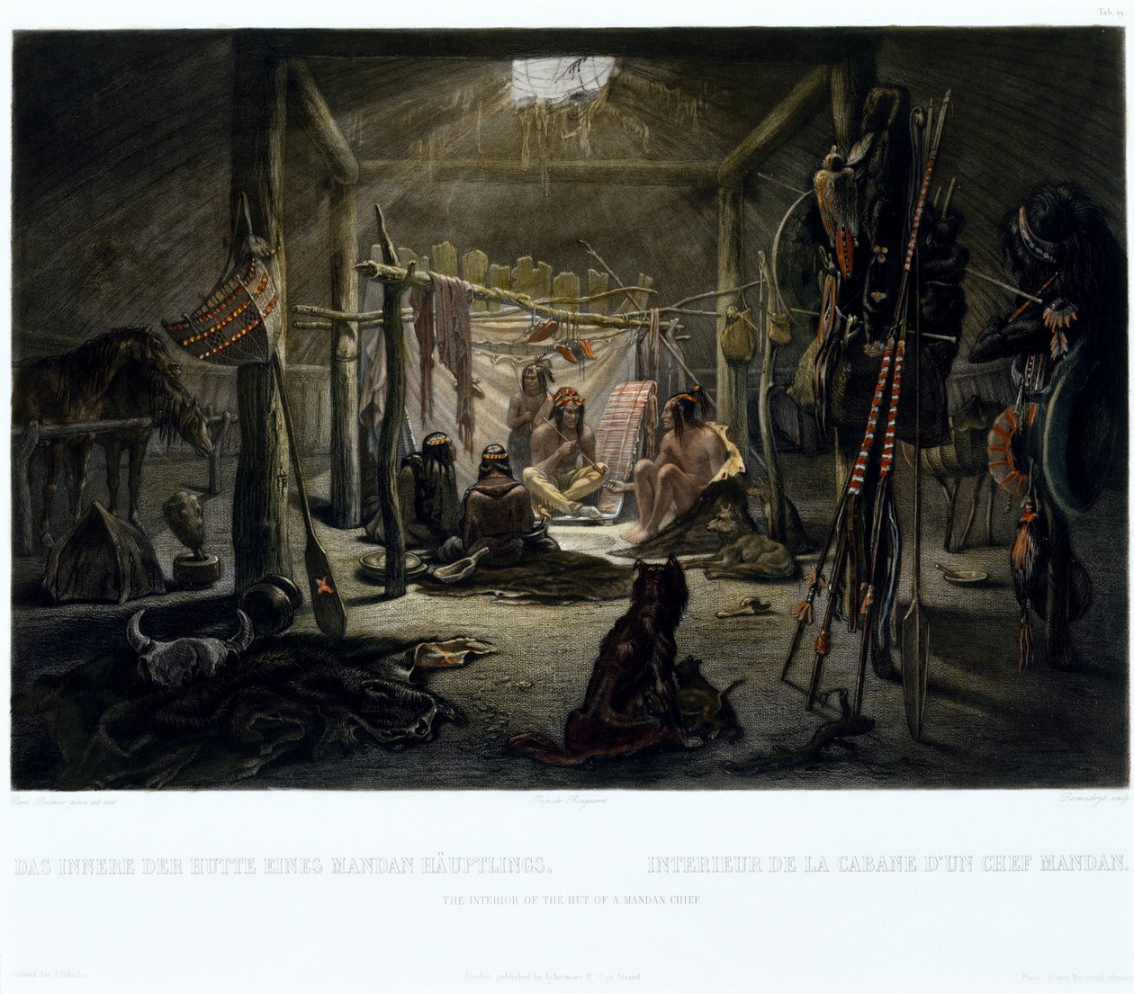 Wnętrze chaty wodza mandanów, rytowane przez Narcisse Edmond Desmadryl (ur. 1801) ok. 1835 (rycina z akwatintą) autorstwa Karl after Bodmer