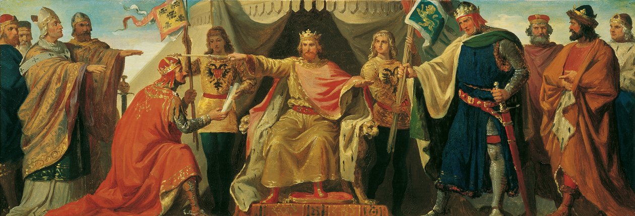 Friedrich Barbarossa enfeoffs Heinrich Jasomirgott i Heinrich lew autorstwa Karl von Blaas