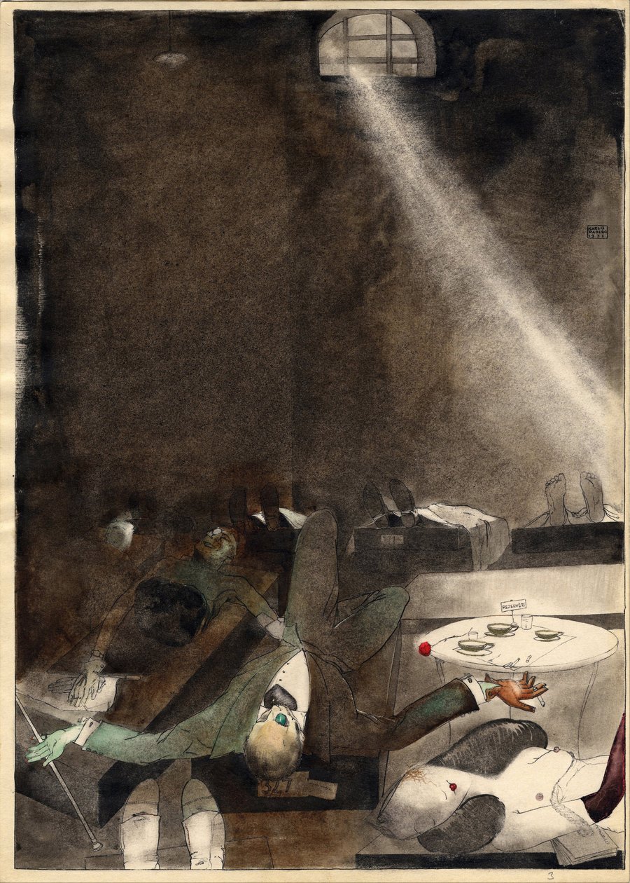 ""Le the de cinq heures a la morgue"" (Herbata o godzinie piątej w kostnicy) Gravure de Karlis Padegs (1911-1940) - 1935 Wymiary 34x24 cm Państwowe Muzeum Sztuki Republiki Łotwy, Ryga Lettonie autorstwa Karlis Padegs