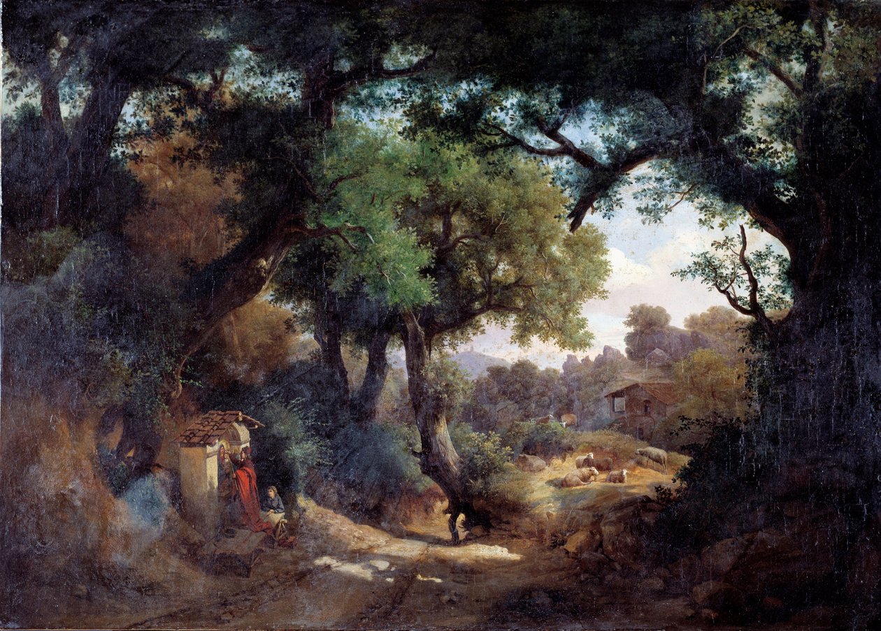 Przedstawienie malarza Andrei del Castagno (1419-1457) z pasterzem w pejzażu (Portret malarza Andrei del Castagno i pasterza w pejzażu) Obraz Carlo Marko junior (1822-1891) 1863 Dim 59x83 cm Genes, Galleria d „Arte Moder” autorstwa Karoly II Marko
