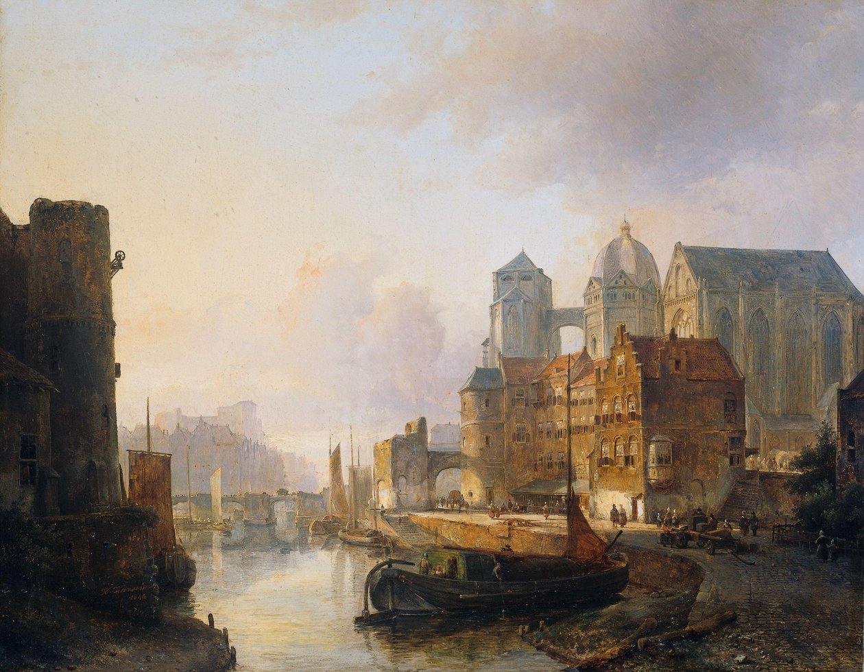 Wyimaginowany widok na miasto nad rzeką z katedrą w Akwizgranie autorstwa Kasparus Karsen (signed by artist)