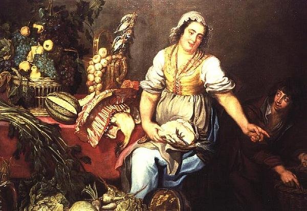 Martwa kuchnia z owocami, warzywami i dziewczynką trzymającą kurczaka autorstwa Kasper or Gaspar van den Hoecke