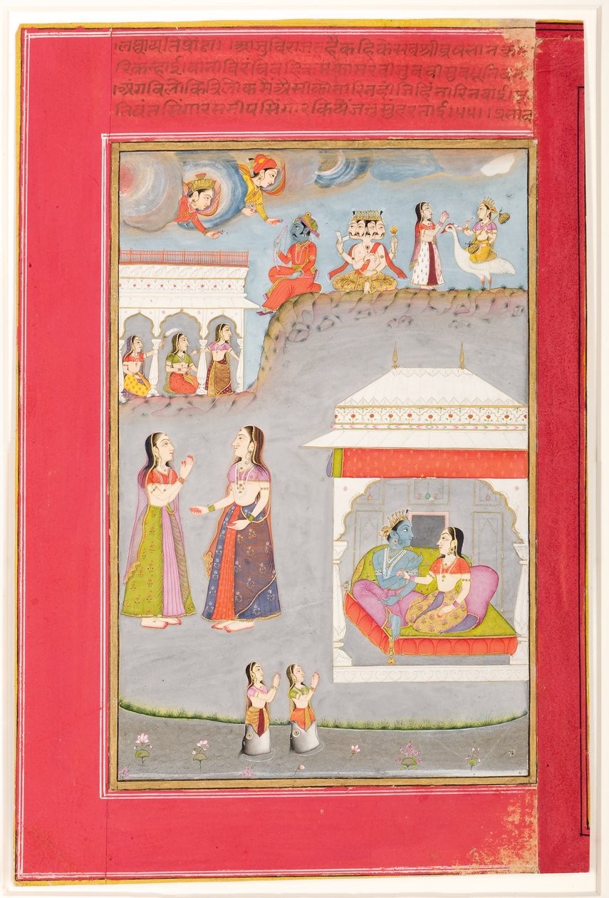 Labdhapraudha Nayika: Kochankowie w pawilonie, powyżej Kama, Brahma i Sarasvati, 1750 (nieprzezroczyste wc i złoto na papierze) autorstwa Kassam
