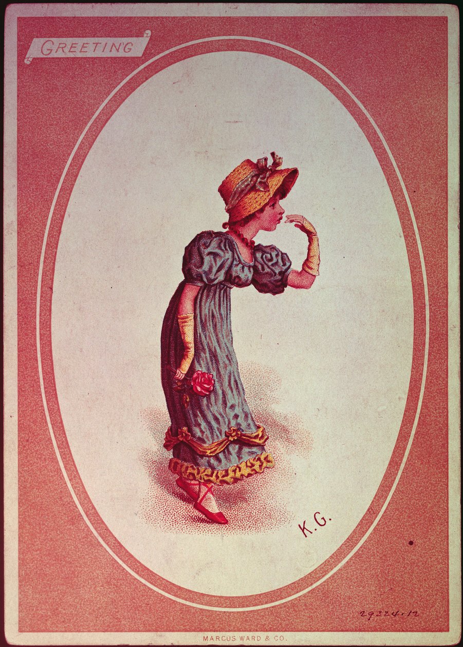 Dziewczyna ubrana w słomiany czepek (kartka z życzeniami) autorstwa Kate Greenaway