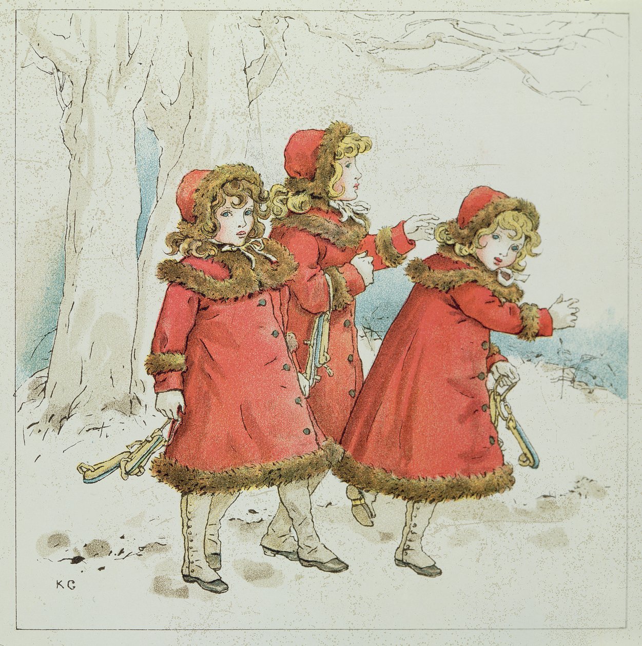 „Zima” z kwietniowej Księgi melodii Baby, 1900 autorstwa Kate Greenaway
