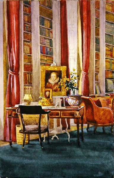 Biblioteka, Althorp, Northamptonshire, ok. 1890 (akwarela na papierze) autorstwa Kate Barnard