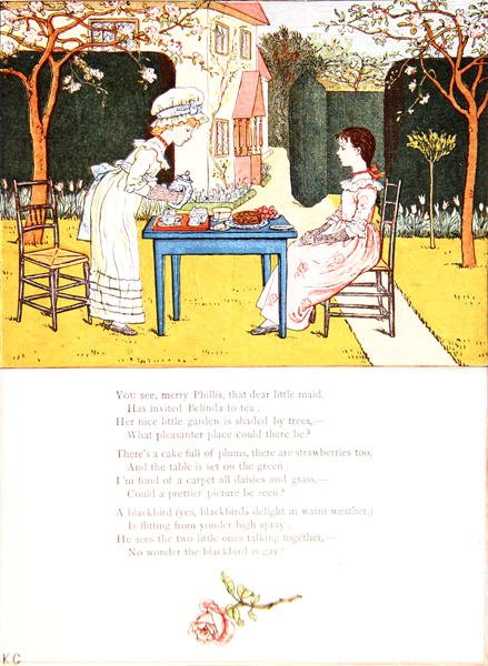 Herbatka dla dzieci, ilustracja do wiersza z „Pod oknem”, ok. 1900 (kolor lito) autorstwa Kate Greenaway