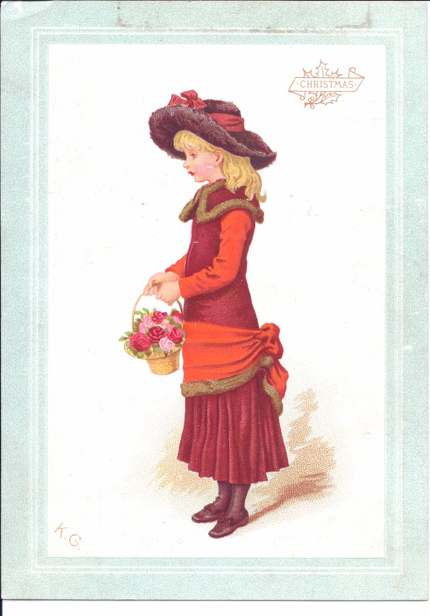 Wiktoriańska kartka z życzeniami dziecka ubranego w strój regencji, ok.1880 autorstwa Kate Greenaway