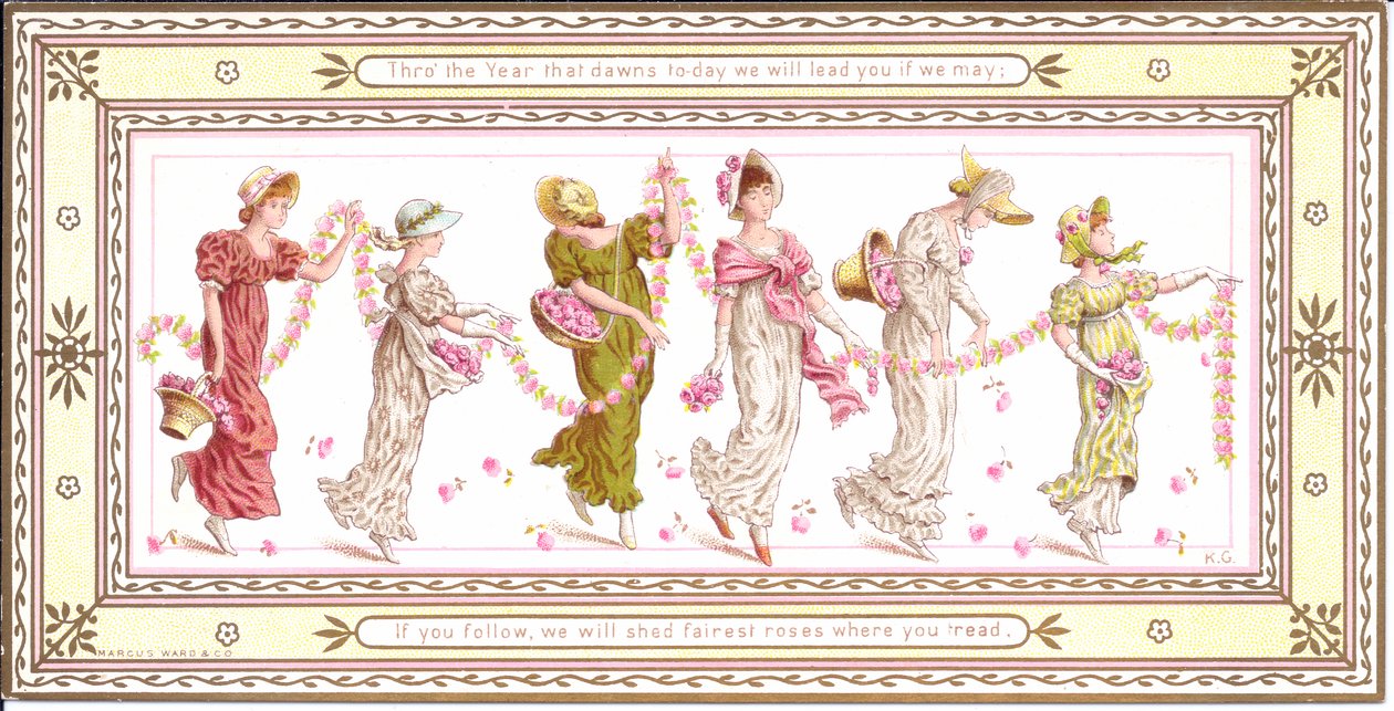 Wiktoriańska kartka z życzeniami dziecka z żółtym szalikiem na szyi, ok.1880 autorstwa Kate Greenaway