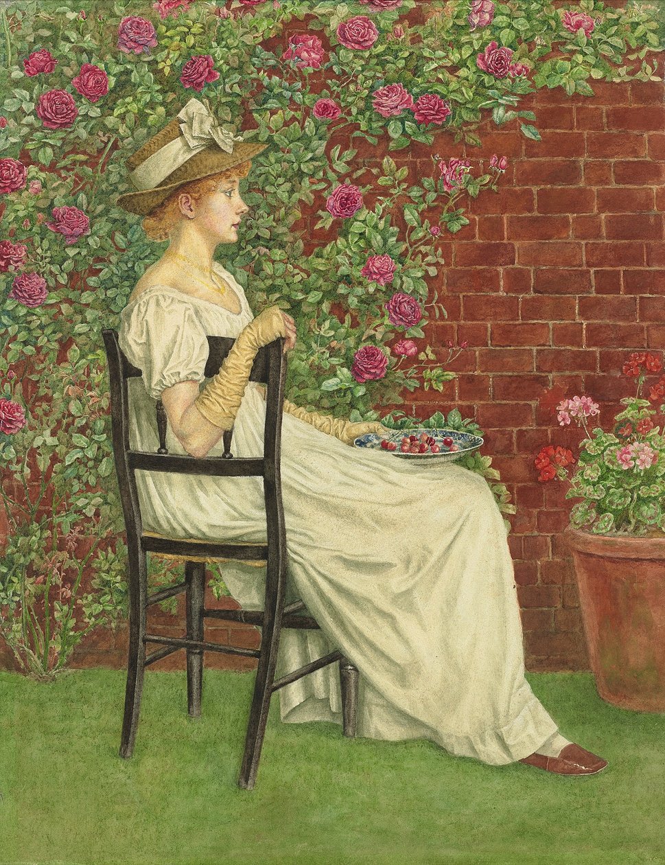 Młoda dziewczyna siedząca na krześle z miską wiśni w ręku, autorstwa Kate Greenaway
