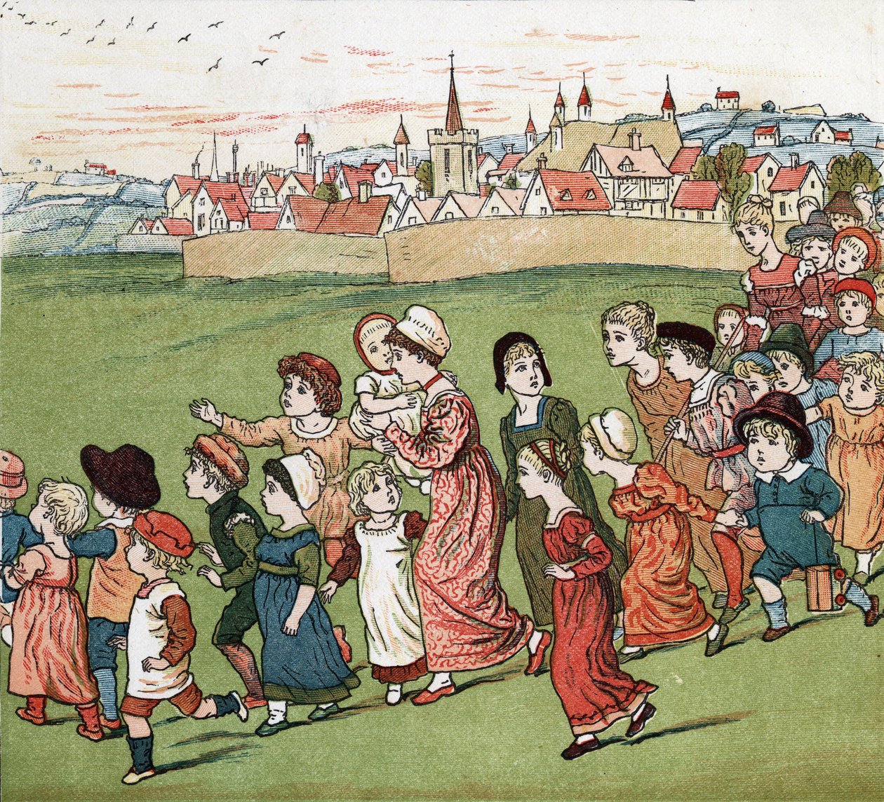 Tłum matek i dzieci ucieka z wioski. Ilustracja Kate Greenaway (1846-1901) z tomu bajek i wierszyków dla dzieci „Pod oknem” (1879), pod redakcją Edmunda Evansa. autorstwa Kate Greenaway