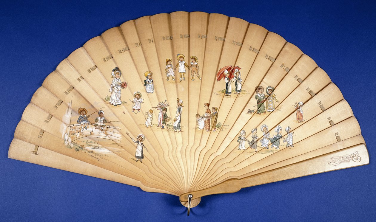 Duży drewniany wachlarz Brise pomalowany na kolory z grupami dzieci na różnych zajęciach, autorstwa Kate Greenaway