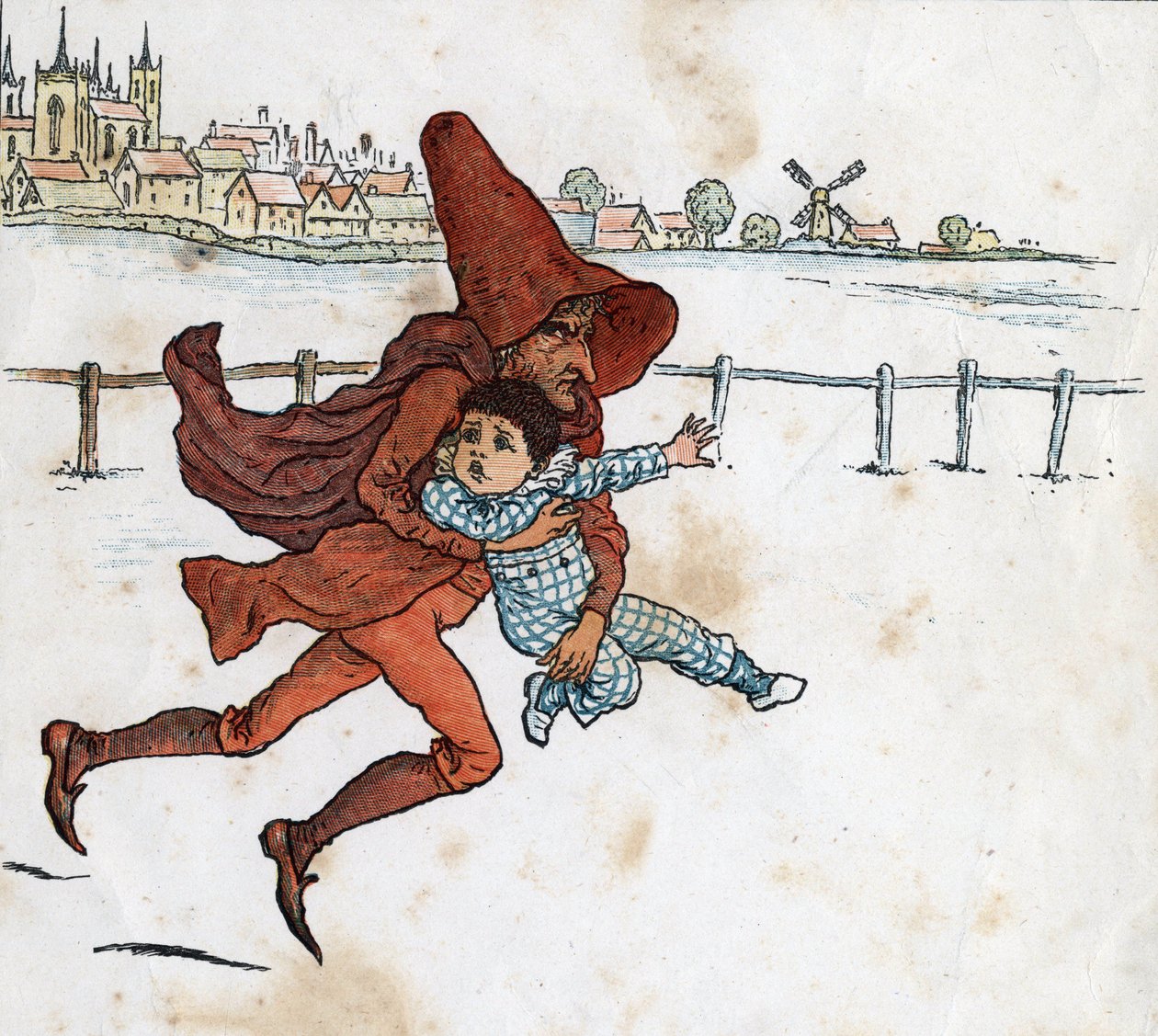 Leprechaun zabiera małe dziecko. Ilustracja Kate Greenaway (1846-1901) z bajki dla dzieci „Pod oknem” (1879), wydanej przez Edmunda Evansa. autorstwa Kate Greenaway