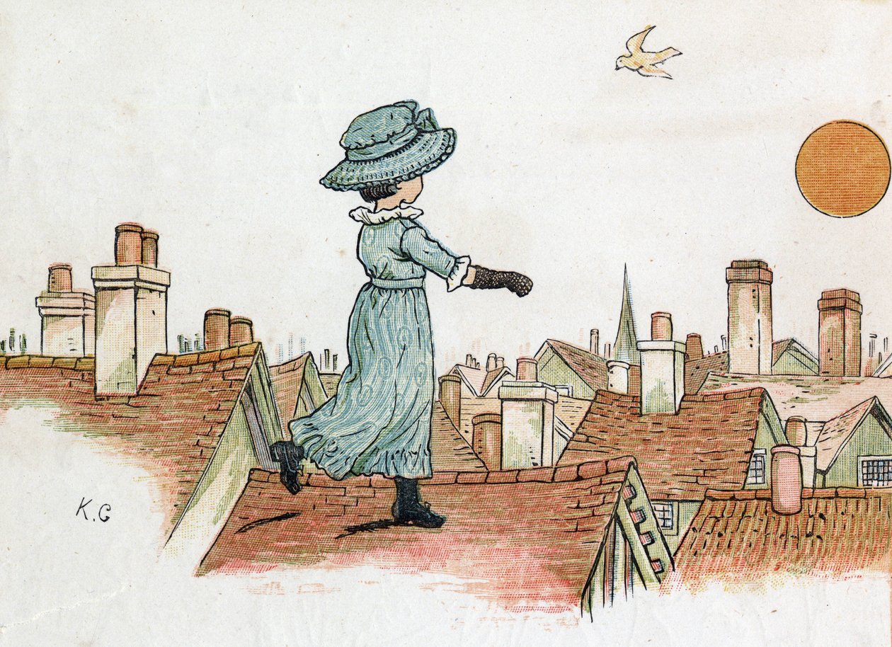 Mała dziewczynka spacerująca po dachach miasta wczesnym rankiem w kierunku słońca. Ilustracja Kate Greenaway (1846-1901) z tomu bajek i wierszyków dla dzieci „Pod oknem” (1879), pod redakcją Edmunda Evansa. autorstwa Kate Greenaway