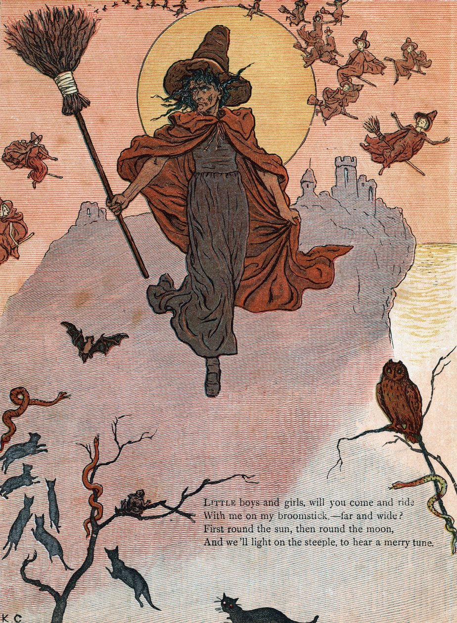 Czarownica i jej miotła w otoczeniu czarnych kotów, nietoperza i sowy. (Mali chłopcy i dziewczynki, czy przyjedziecie ze mną na miotle?) ) Ilustracja Kate Greenaway (1846-1901) z tomiku bajek i wierszyków dla dzieci „Pod oknem” autorstwa Kate Greenaway