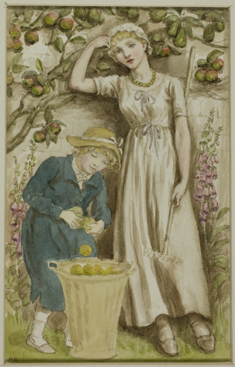 Dziewczynka i chłopiec zbierający jabłka autorstwa Kate Greenaway