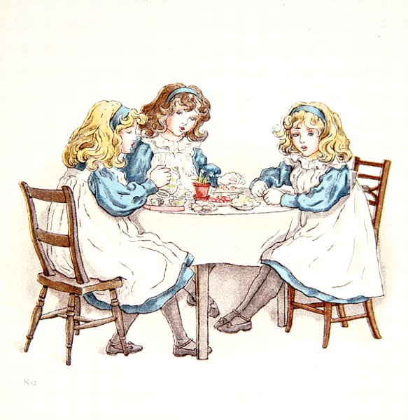 Girls Tea party, ilustracja z „Kwietniowej księgi melodii” autorstwa Kate Greenaway