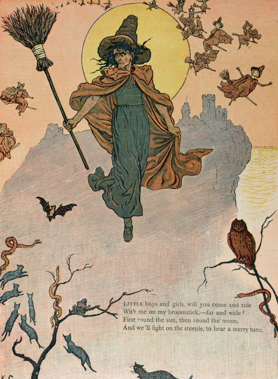 „Mali chłopcy i dziewczynki, czy przyjedziecie ze mną na mojej miotle”, ilustracja z „Pod oknem” artysty, koniec XIX wieku autorstwa Kate Greenaway