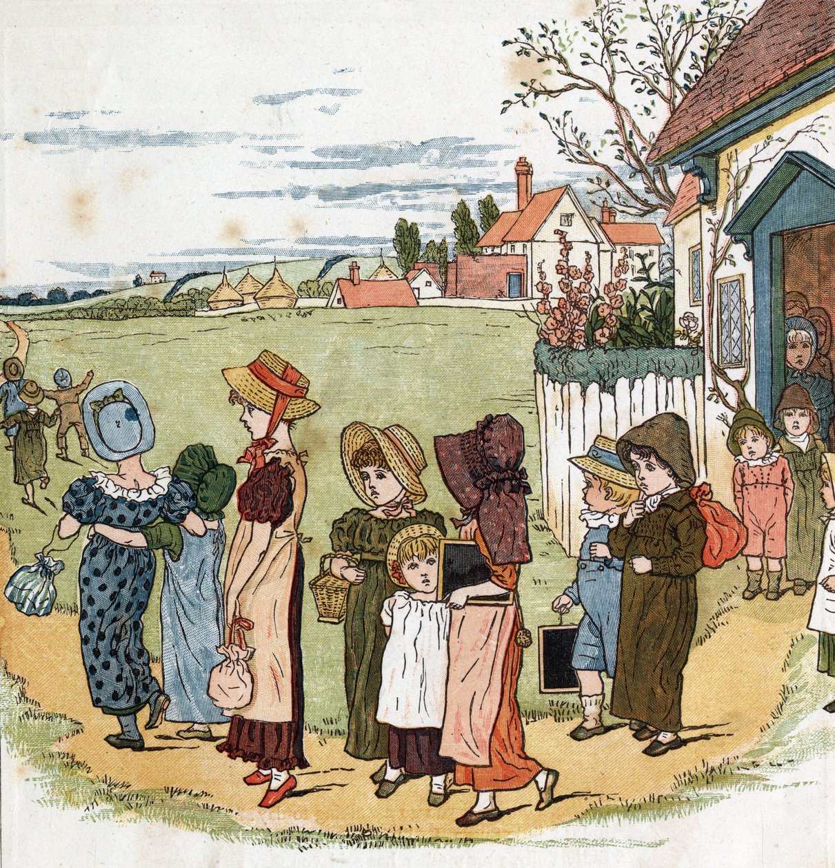 Poza szkołą. Ilustracja Kate Greenaway (1846-1901) z tomu bajek i wierszyków dla dzieci „Pod oknem” (1879), pod redakcją Edmunda Evansa. autorstwa Kate Greenaway