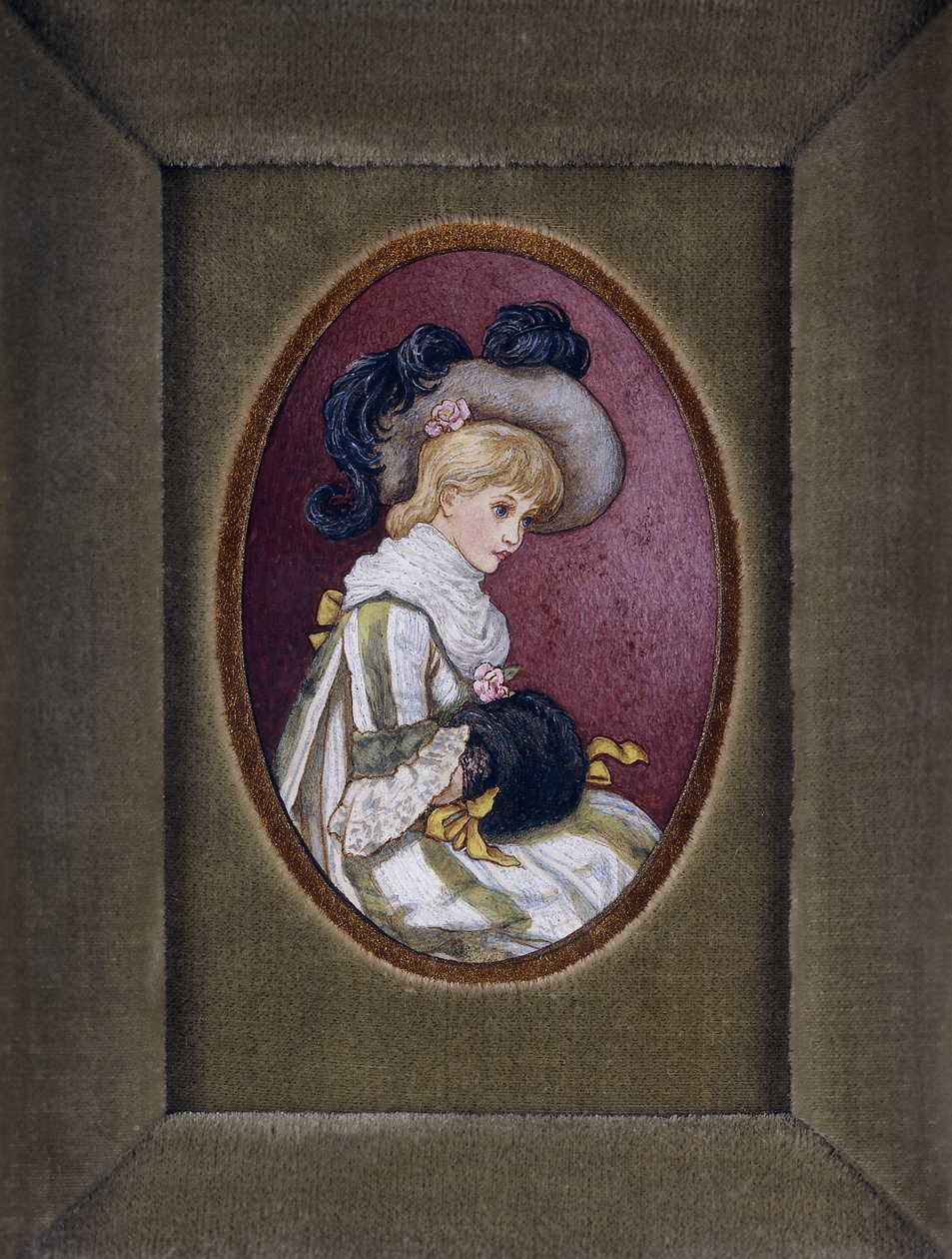 Owalny portret blondynki w kapeluszu z pióropuszem, z rękami w mufce autorstwa Kate Greenaway