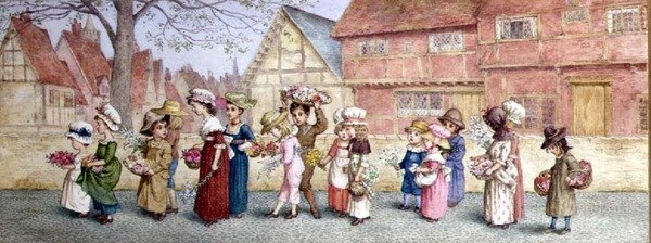 Procesja szesnastu dzieci niosących kwiaty, ok. 1876 (akwarela na papierze) autorstwa Kate Greenaway