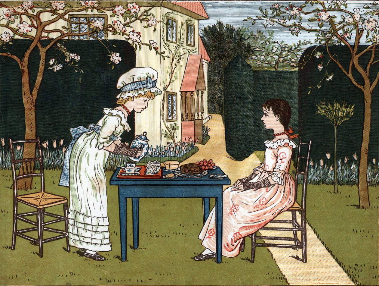 Pora dnia: dwie młode dziewczyny próbują go w ogrodzie. Ilustracja Kate Greenaway (1846-1901) z tomu bajek i wierszyków dla dzieci „Pod oknem” (1879), pod redakcją Edmunda Evansa. autorstwa Kate Greenaway