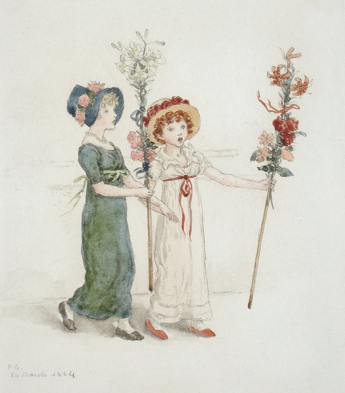 Dwoje dzieci z kijami autorstwa Kate Greenaway