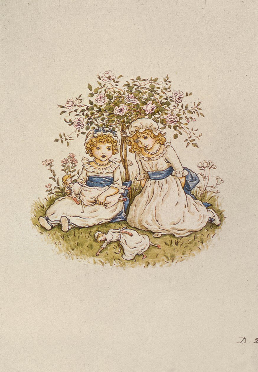 Dwie dziewczyny z lalkami siedzące pod krzewem róży, XIX w. autorstwa Kate Greenaway
