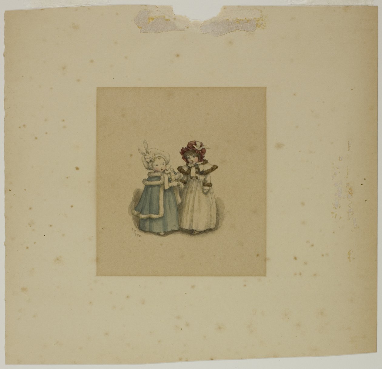 Dwie małe dziewczynki w futrzanych płaszczach autorstwa Kate Greenaway