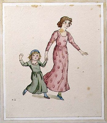 Dwie małe dziewczynki w wieczorowych sukienkach (akwarela na papierze) autorstwa Kate Greenaway