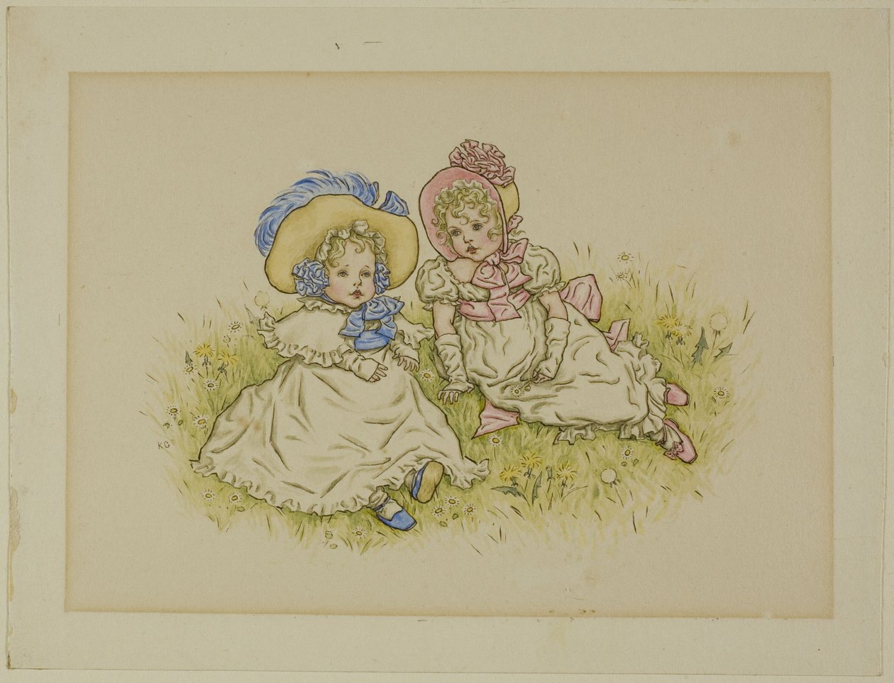 Dwie małe dziewczynki z czepkami autorstwa Kate Greenaway
