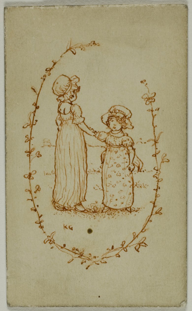 Winieta dwóch dziewczyn (rekto); Atena (odwrócona) autorstwa Kate Greenaway
