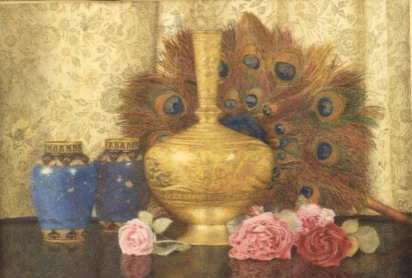Wschodnie prezenty: wazon Cloisonne, pawie pióra, róże damasceńskie i waza indyjska autorstwa Kate Hayllar