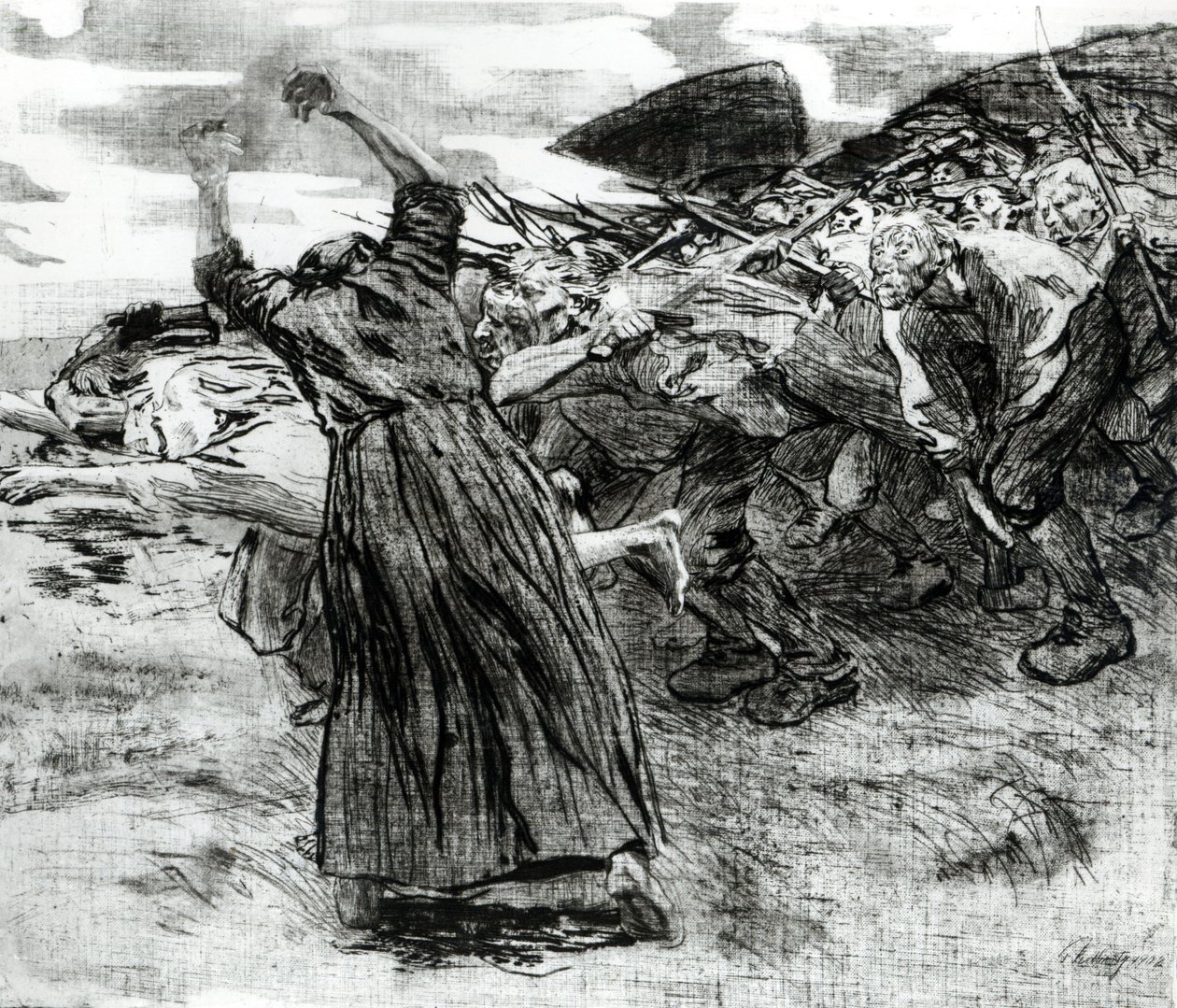 Wybuch, tablica 5 z cyklu „Bunt chłopski”, 1908 (akwaforta i rycina) autorstwa Käthe Kollwitz