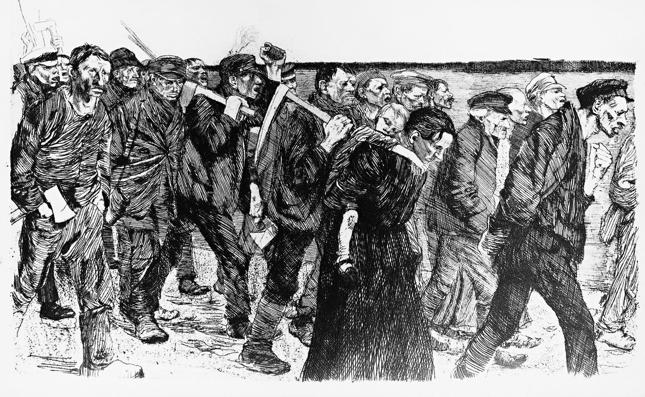 Demonstracja robotników, ilustracja Kathe Kollwitz (1867-1945) do opery Die Weber (Tkacze) autorstwa Käthe Kollwitz